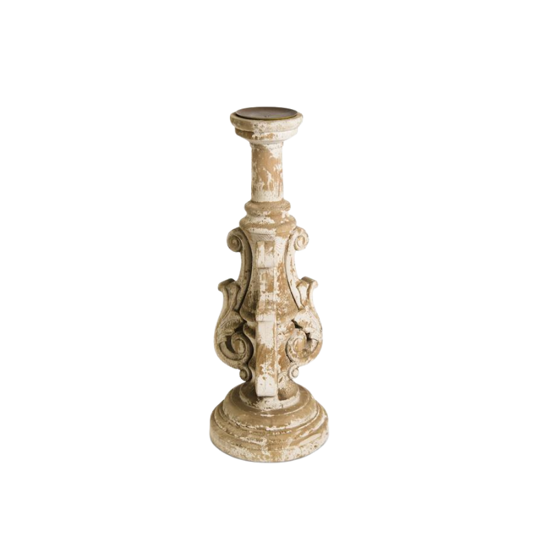 Distressed wood ornate candleholder with intricate sculptural flourishes and a flared base.