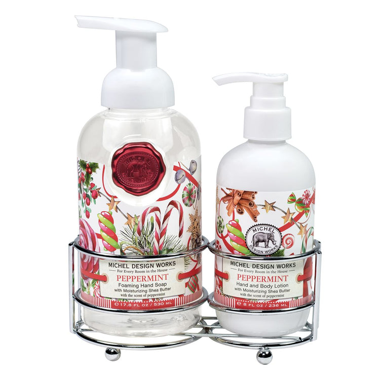 Foaming hand soap dispenser with pump next to a matching lotion bottle in neutral tones.