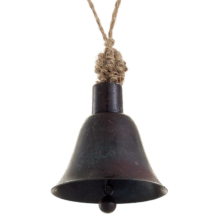 A round bell ornament made of iron with jute accents.