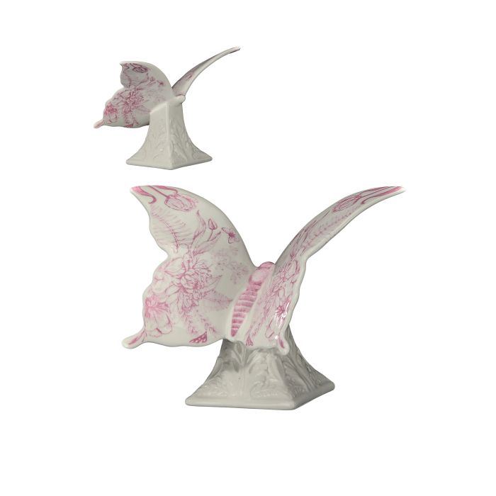 Natural dolomite ceramic butterfly figurine on a sleek pedestal base with neutral tones.