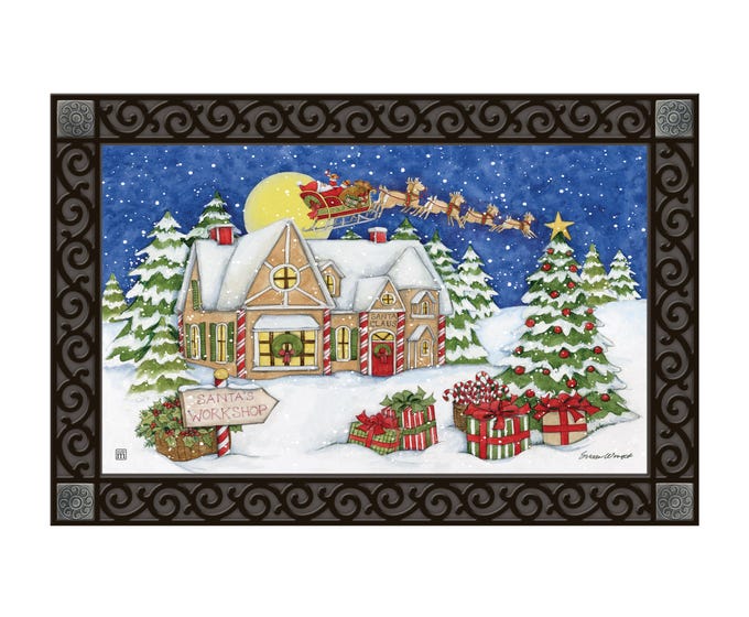 Santa's Workshop MatMate bath mat in red with white snowflake pattern.