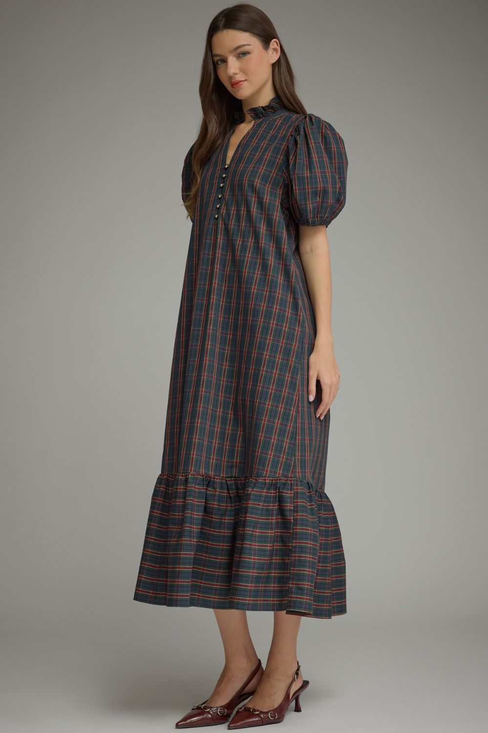 Eleanor Plaid Short Puff Sleeve Midi Dress with ruffle neck and button-front closure.