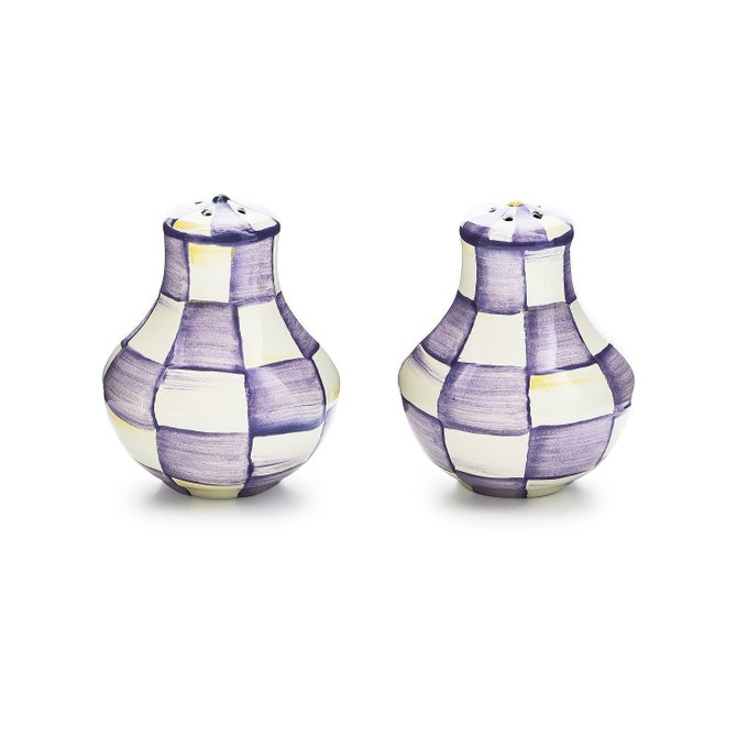 Violet check salt and pepper shaker set with a classic cylindrical shape.