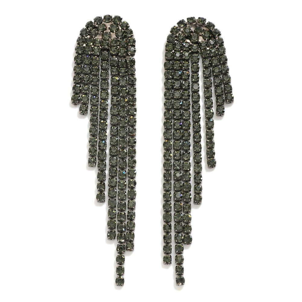 A pair of dark grey rhinestone tassel post drop earrings with cascading crystal strands.