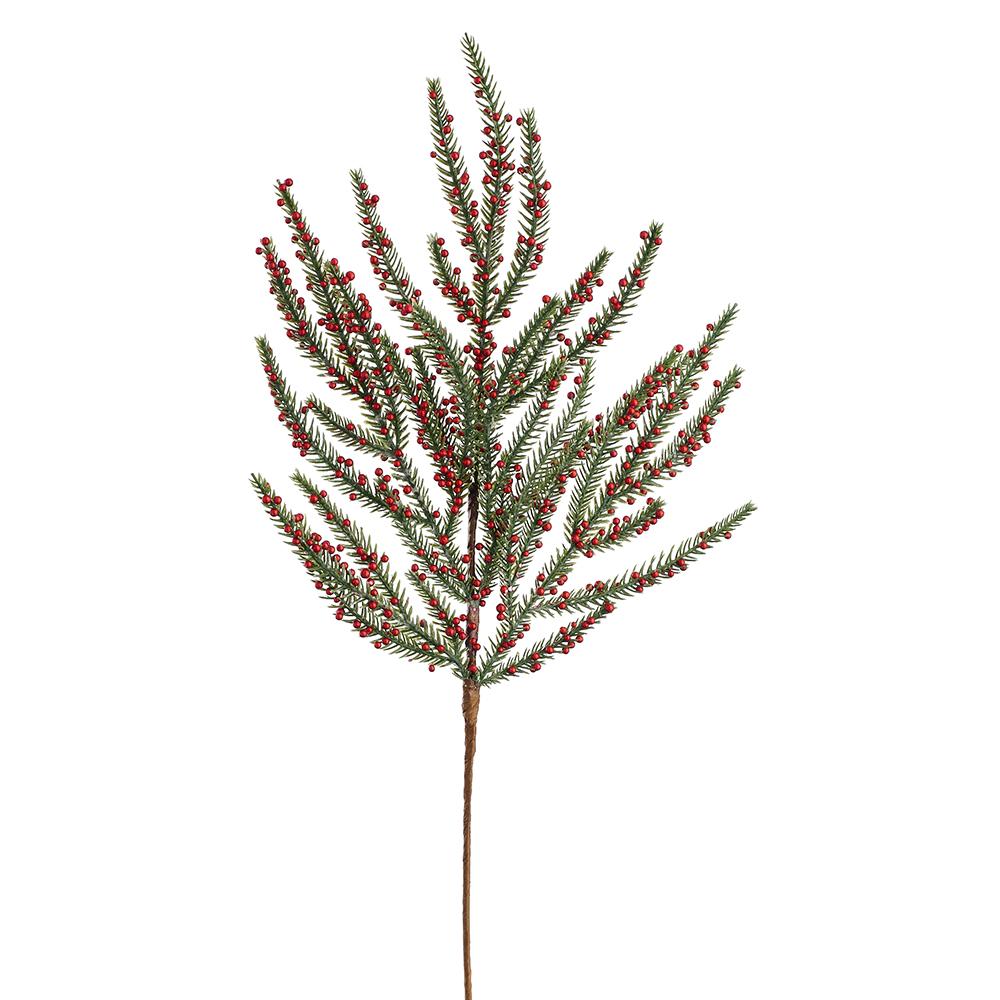 24-inch artificial pine spray with green needles and small red berries on a brown stem.