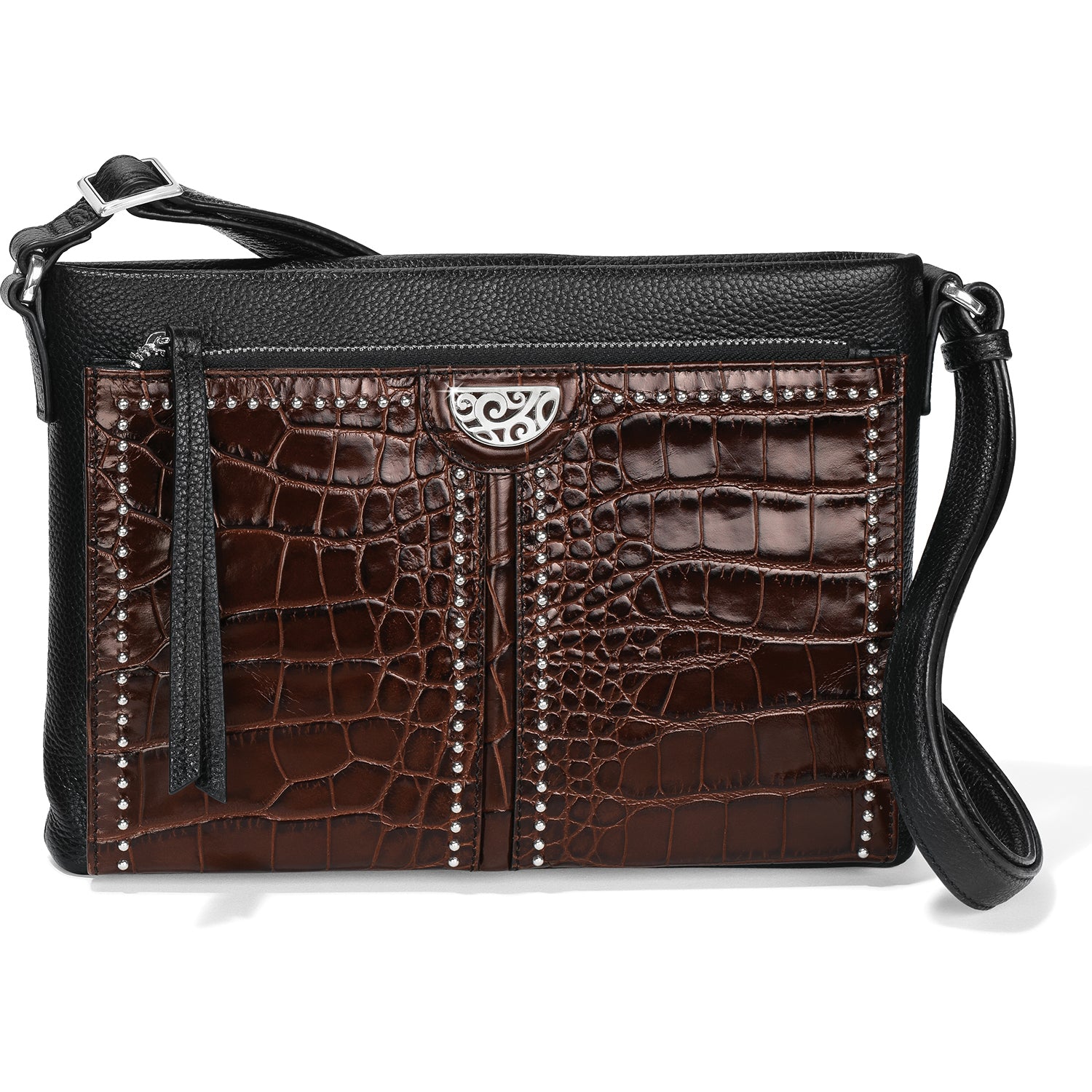 Zinc Pearl leather crossbody bag with nailhead studs, zippered compartments, and exterior pockets.