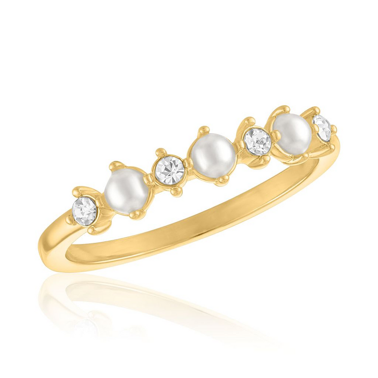 Gold band ring featuring alternating round white pearls and sparkling cubic zirconia stones.
