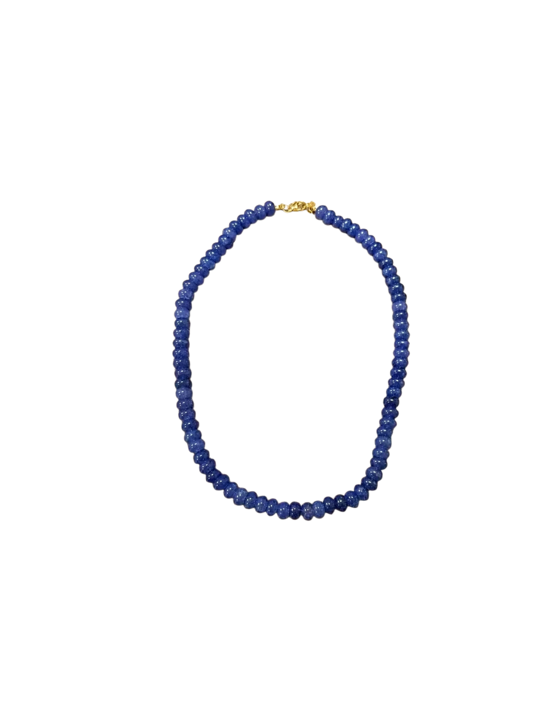 Blue glass beaded necklace with a gold-toned lobster clasp closure on a white background.