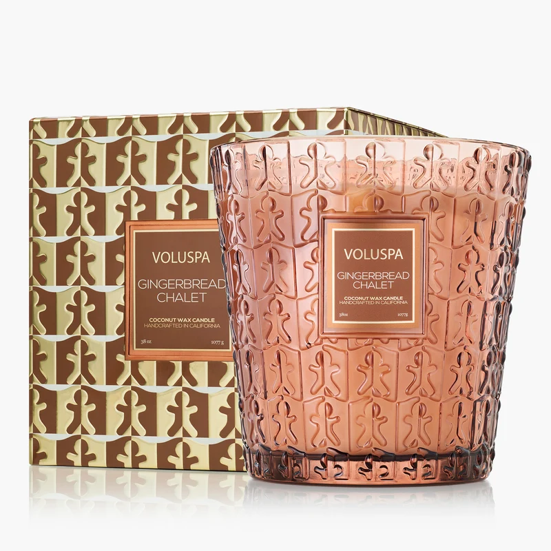 Voluspa 3 Wick Gingerbread Chalet Hearth Candle in a brown glass jar with matching patterned box.