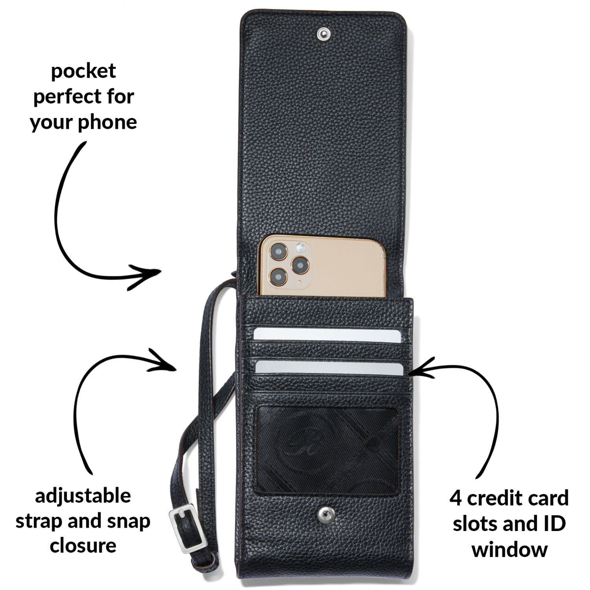Brown leather phone organizer with Celtic-inspired hardware, woven details, ID window, four card slots, and adjustable snap strap closure.