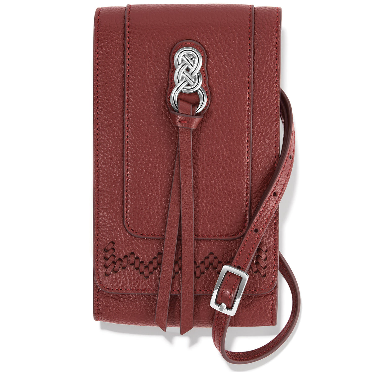 Leather phone organizer with Celtic-inspired hardware, woven accents, ID window, four card slots, and adjustable snap strap closure.