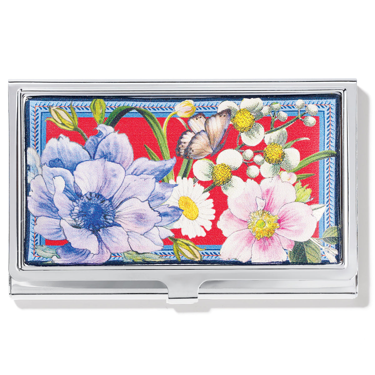 Silver-plated metal card case with poppy floral pattern on leather exterior
