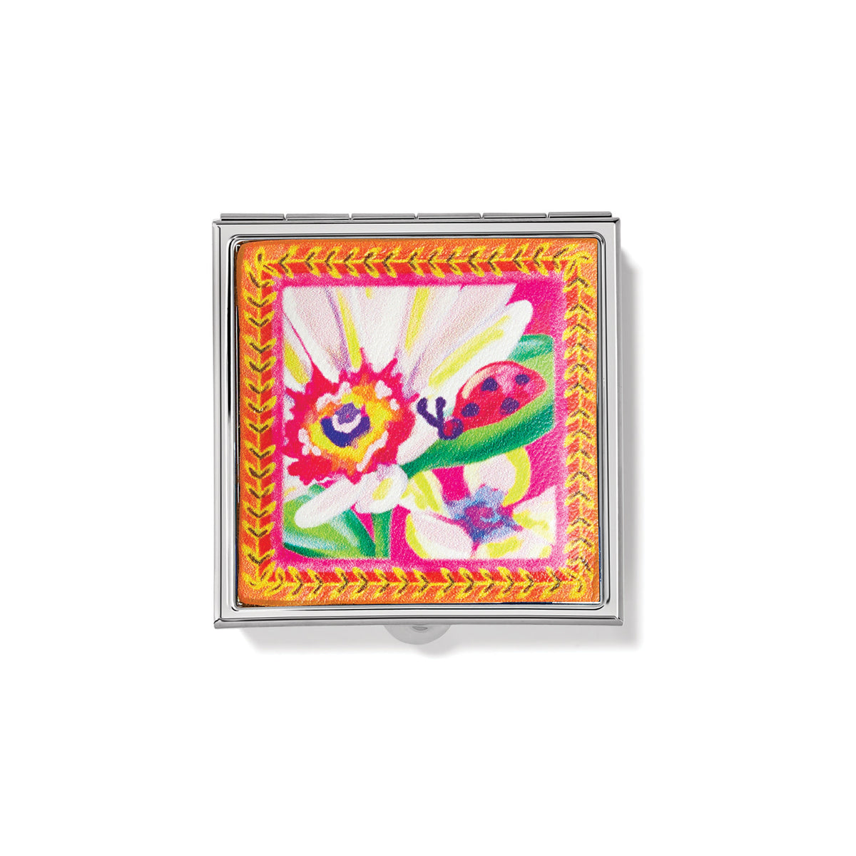Multi-colored leather French Garden Pill Box with pressure retractable closure.