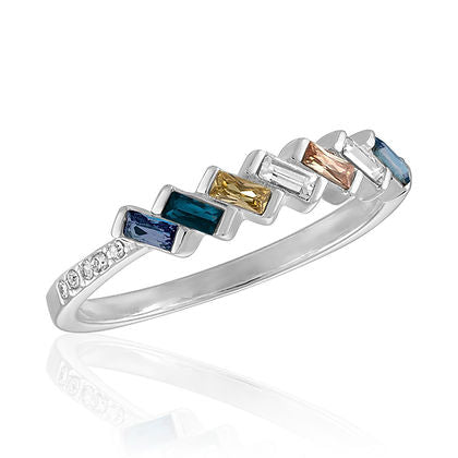 Slanted multi-color baguette gemstone stack ring in a silver-tone band.