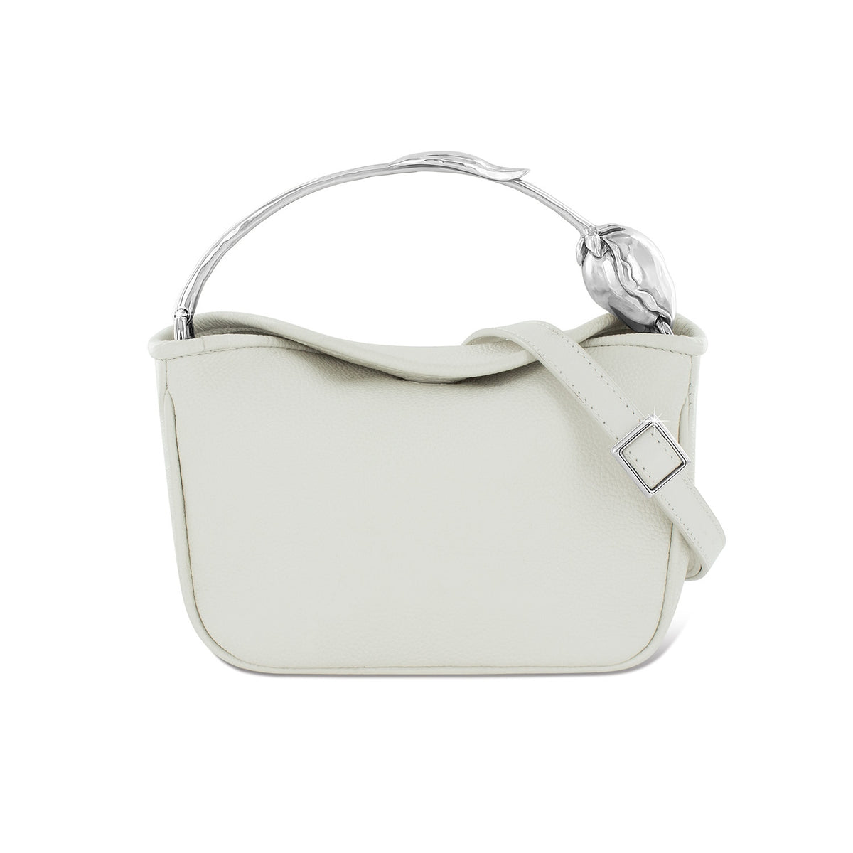 Petal pink leather petal-shaped bag with magnetic flap closure.