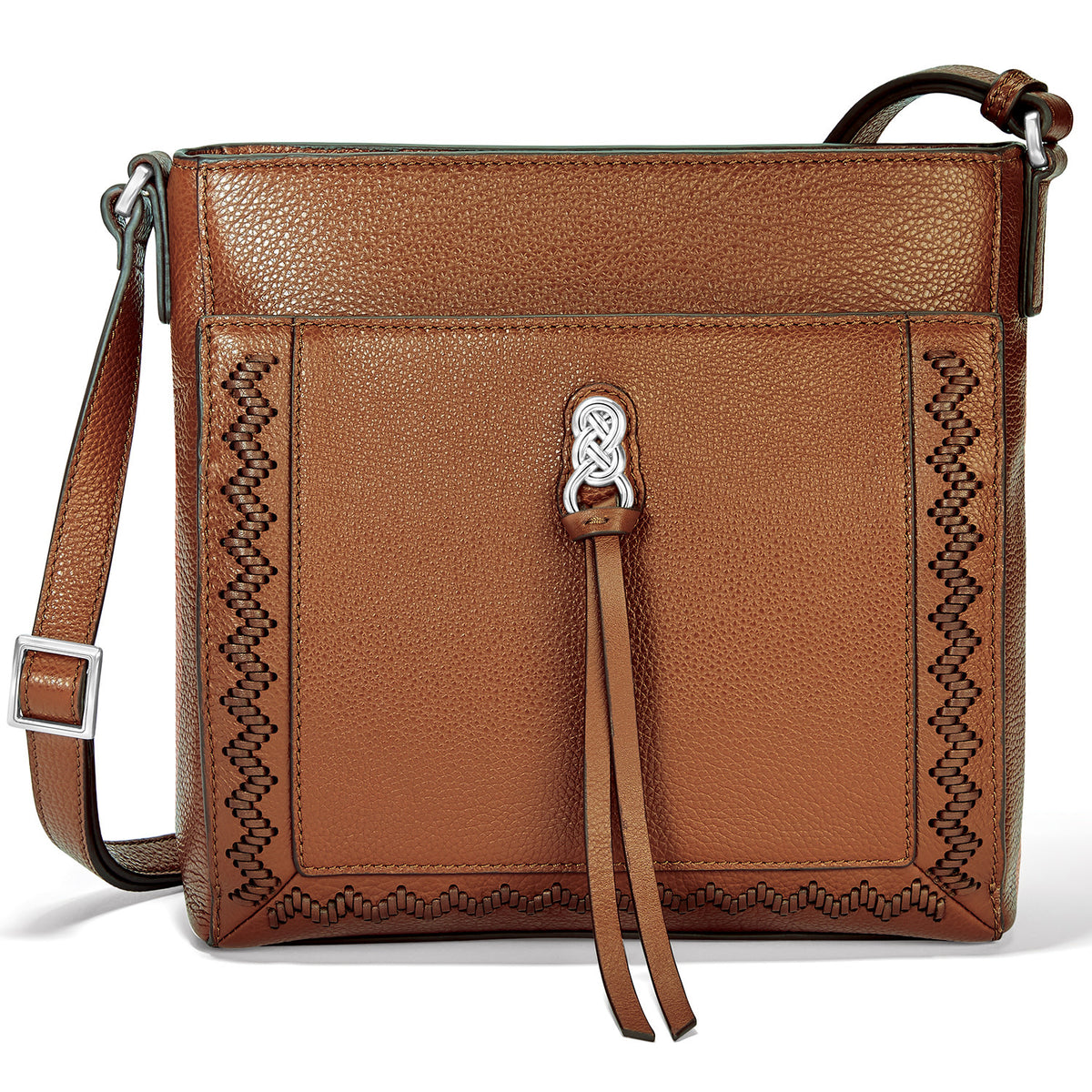 Astrid Organizer Bag in brown leather with adjustable strap, zip top closure, and multiple exterior pockets.