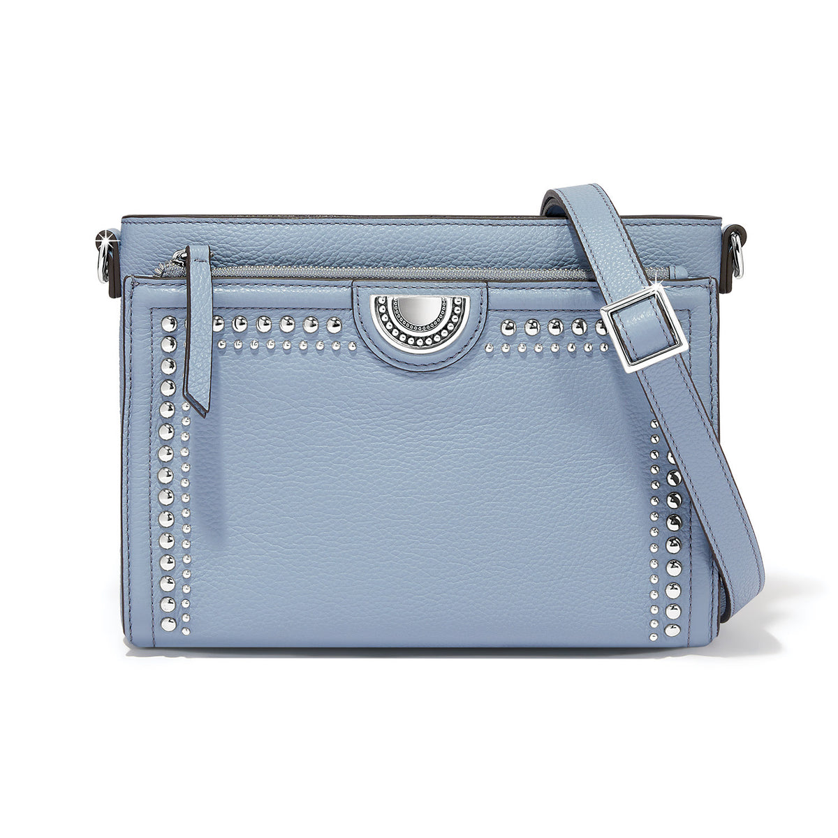 Black leather Jordyn cross body organizer with raw edge contour, adjustable strap, ziptop closure, and multiple exterior pockets.
