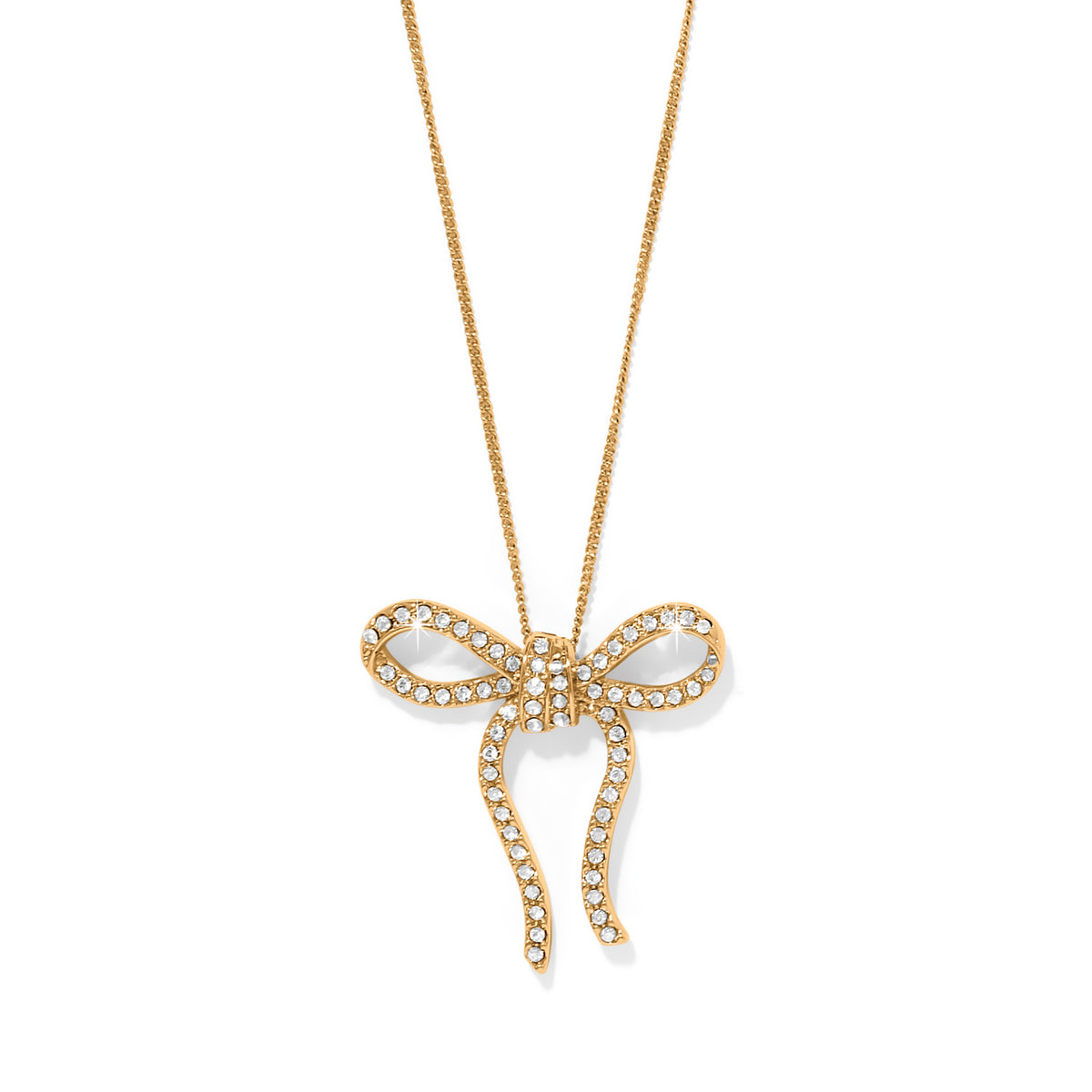 Gold plated adjustable bow necklace with lobster claw closure featuring fine quality crystals.