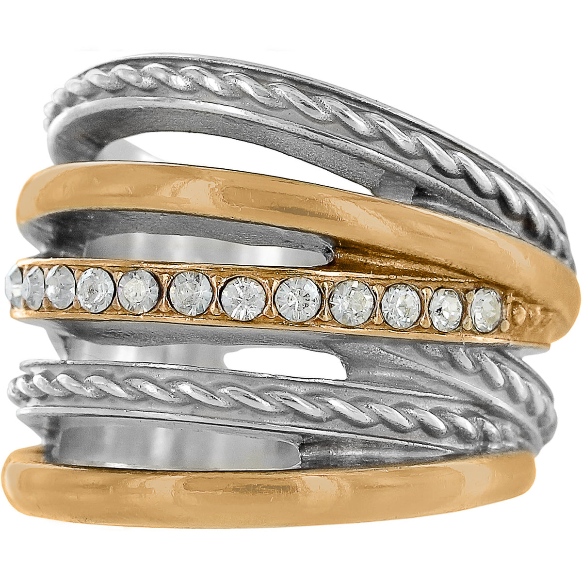 Stacked silver and gold plated crystal ring with a narrow base.