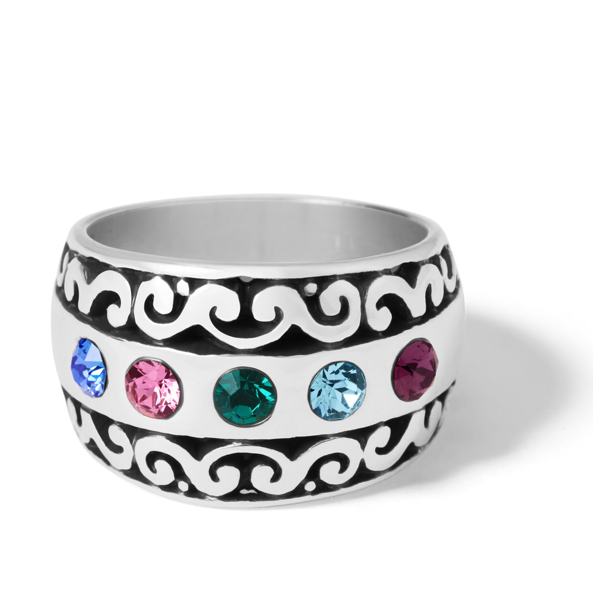 Silver-plated scrolled ring with multi-colored fine crystals in amethyst, aquamarine, emerald, rose, and sapphire hues.
