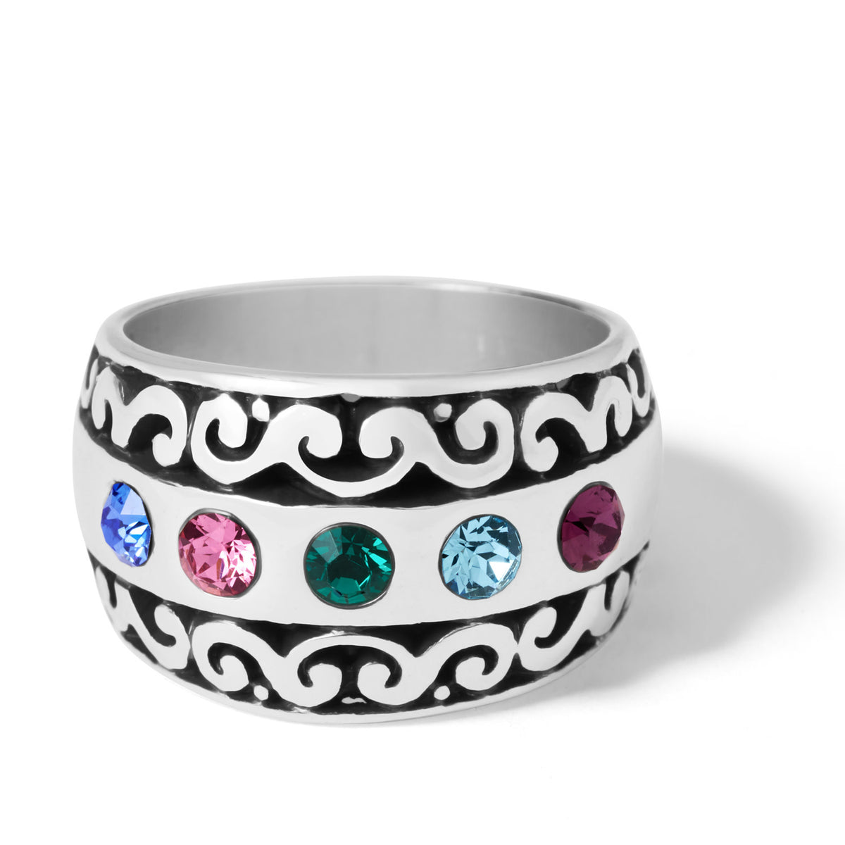 Silver-plated scrolled ring with multi-colored fine crystals in amethyst, aquamarine, emerald, rose, and sapphire hues.
