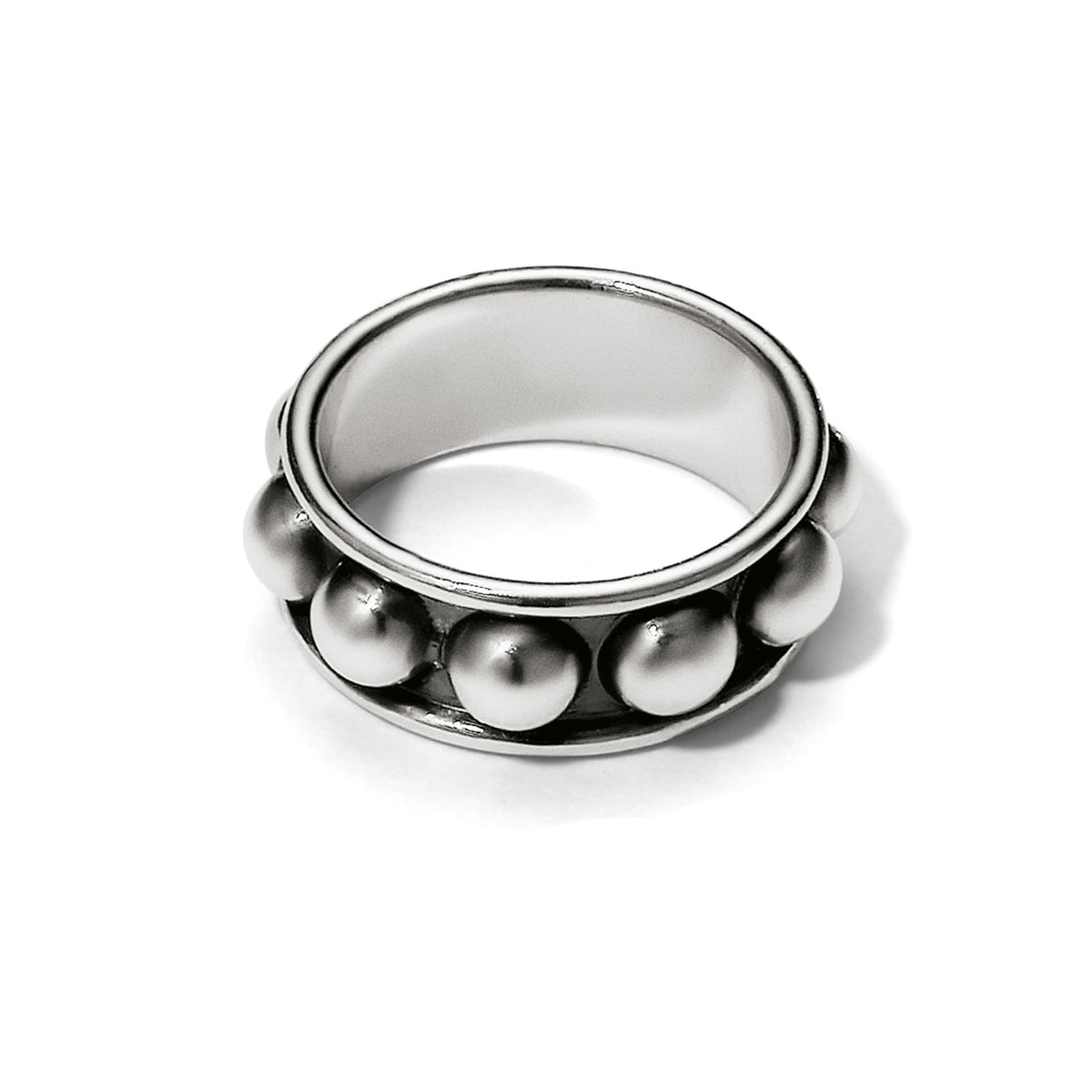 Silver plated ring with bold domed beads over an antiqued silver channel.