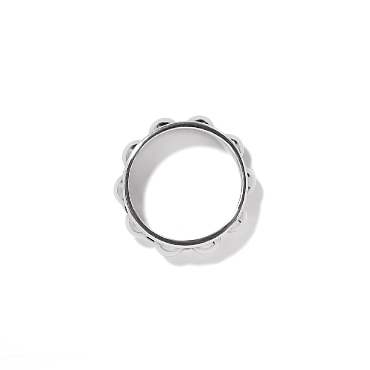 Silver plated ring with bold domed beads over an antiqued silver channel.