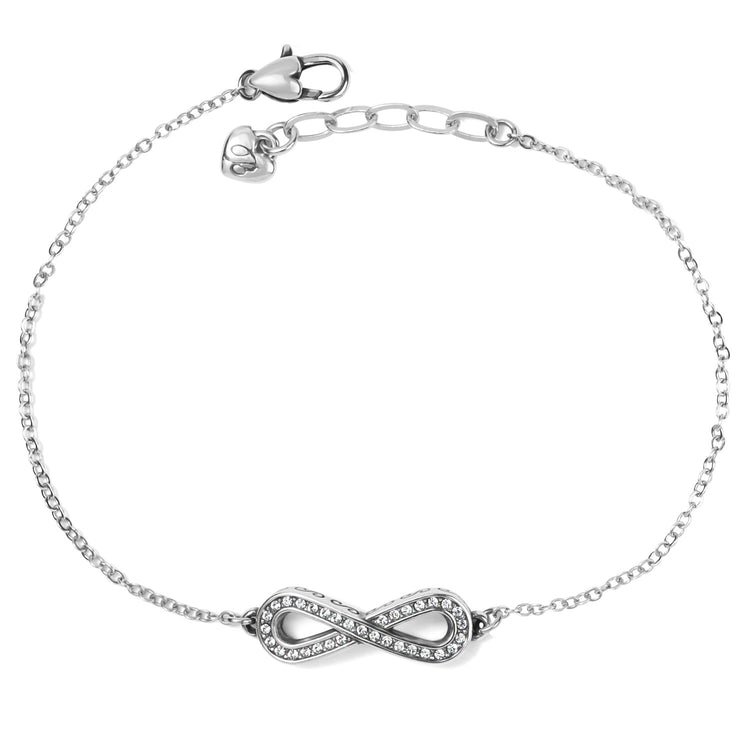 Silver plated adjustable anklet with hand-set fine crystals in an endless knot design.
