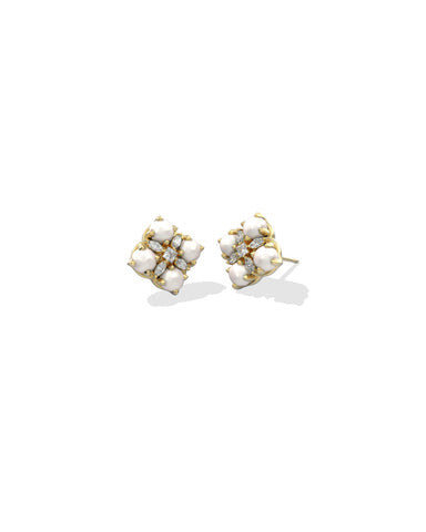 Dira Pearl Stud Earrings featuring gold-tone medallion logos set with freshwater cultured pearls.
