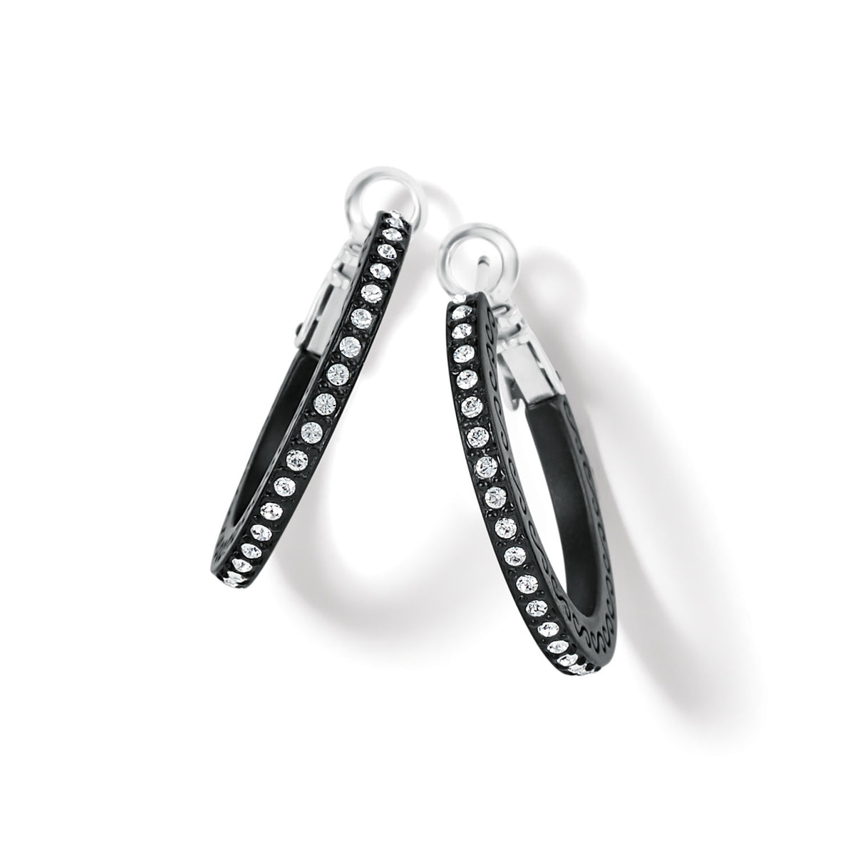 Black lacquer hoop earrings with fine crystal pave detailing on a post lever back.
