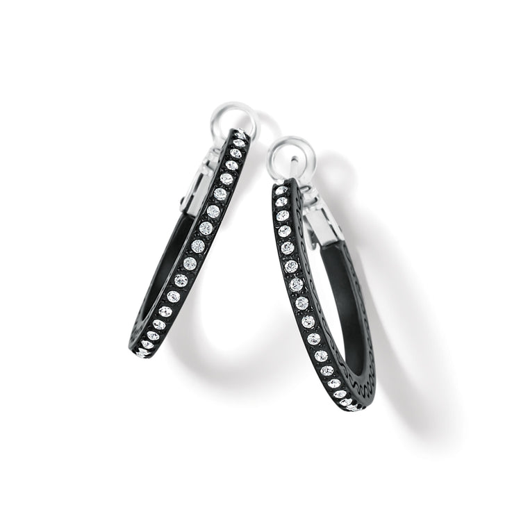 Black lacquer hoop earrings with fine crystal pave detailing on a post lever back.