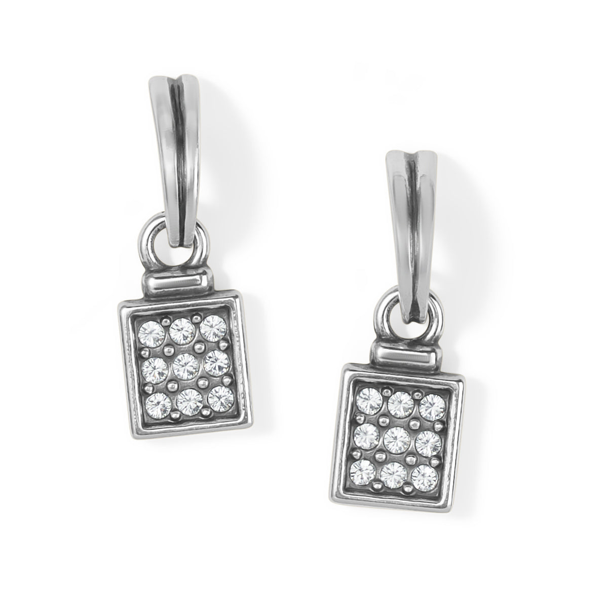 Silver plated post drop earrings with tile-like motifs and hand-set pave crystals.