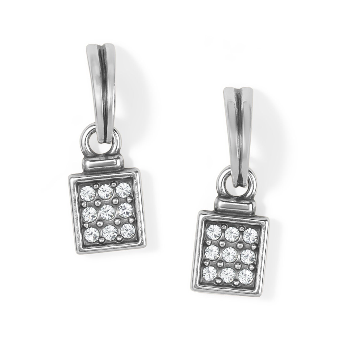 Silver plated post drop earrings with tile-like motifs and hand-set pave crystals.