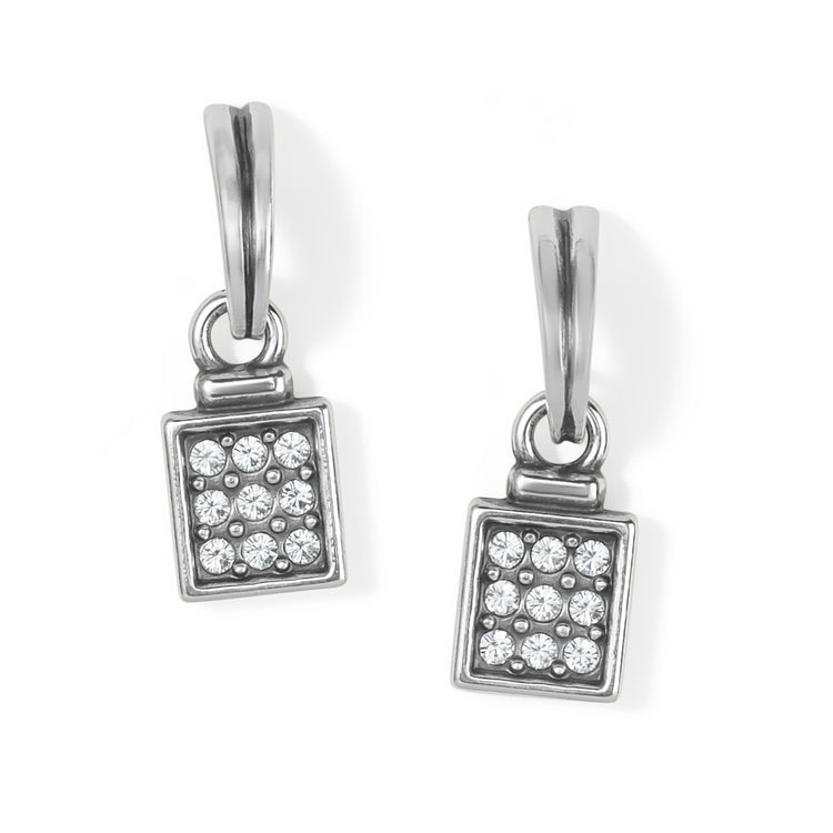 Silver plated post drop earrings with tile-like motifs and hand-set pave crystals.