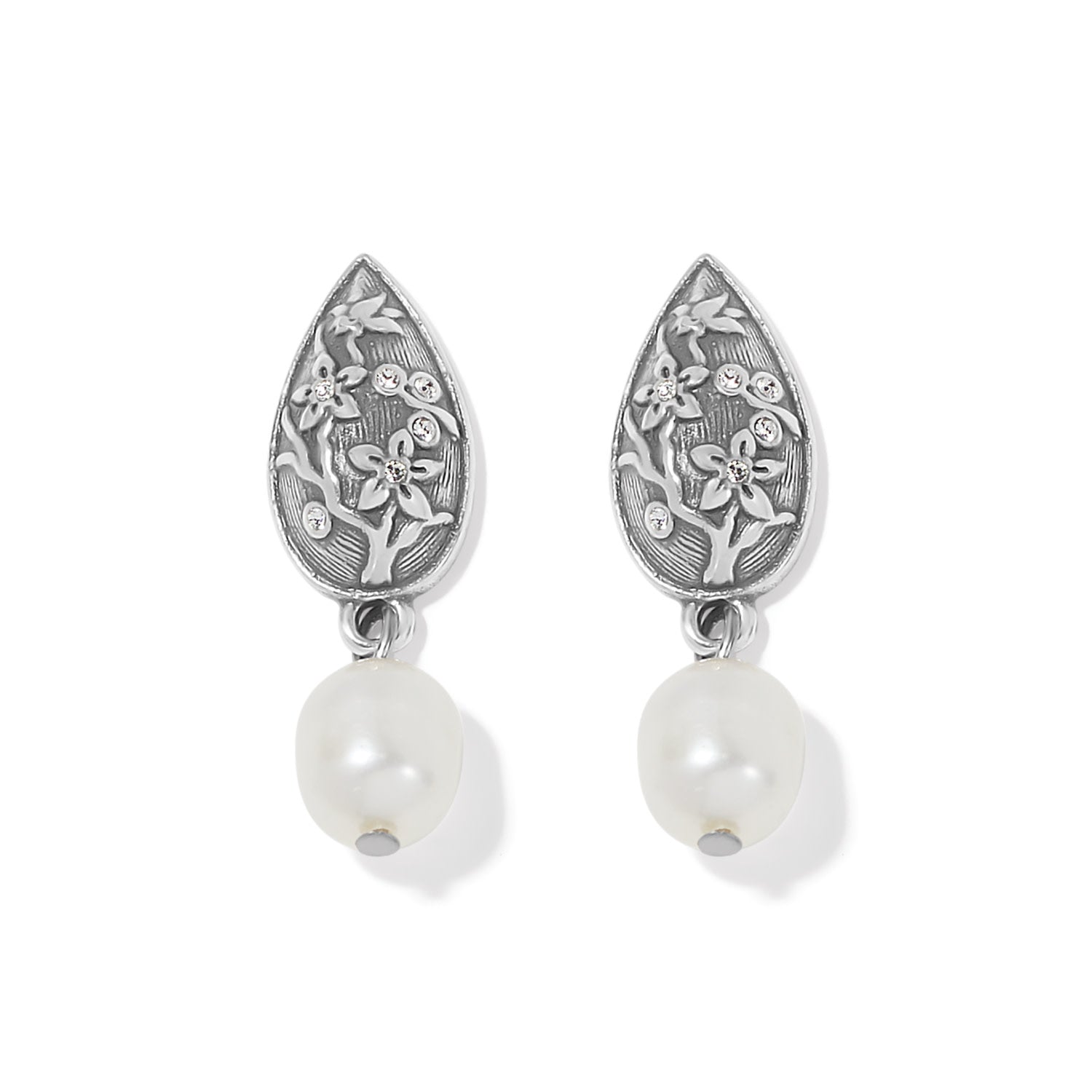 Silver post earrings with dimensional cherry blossom relief patterns accented by natural freshwater pearls.