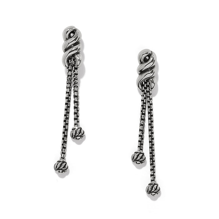 Silver plated post earrings with flat disc backs featuring a twisted double drop design.