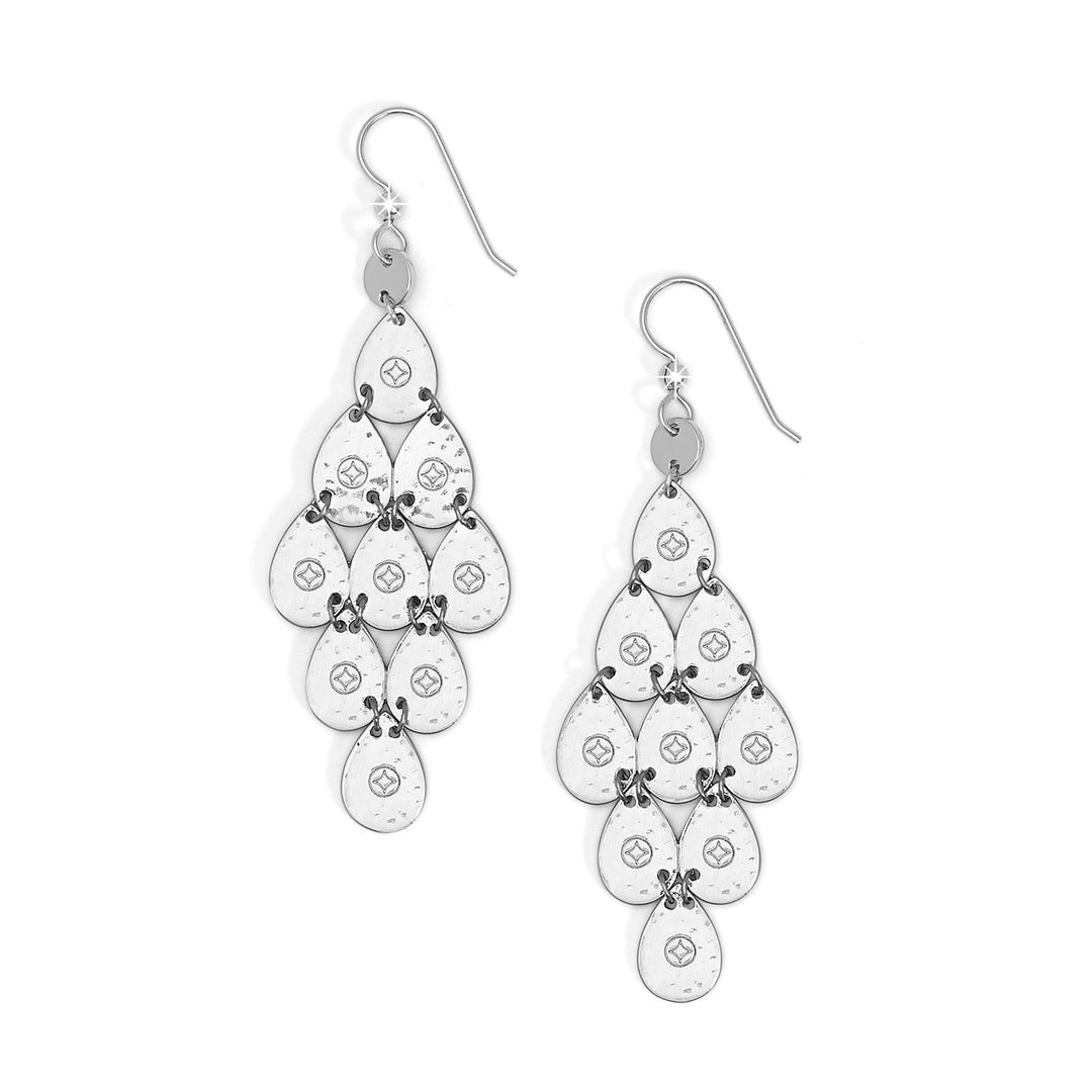 Silver plated French wire earrings featuring a teardrop-shaped drop with a width of one inch and length of two and half inches.