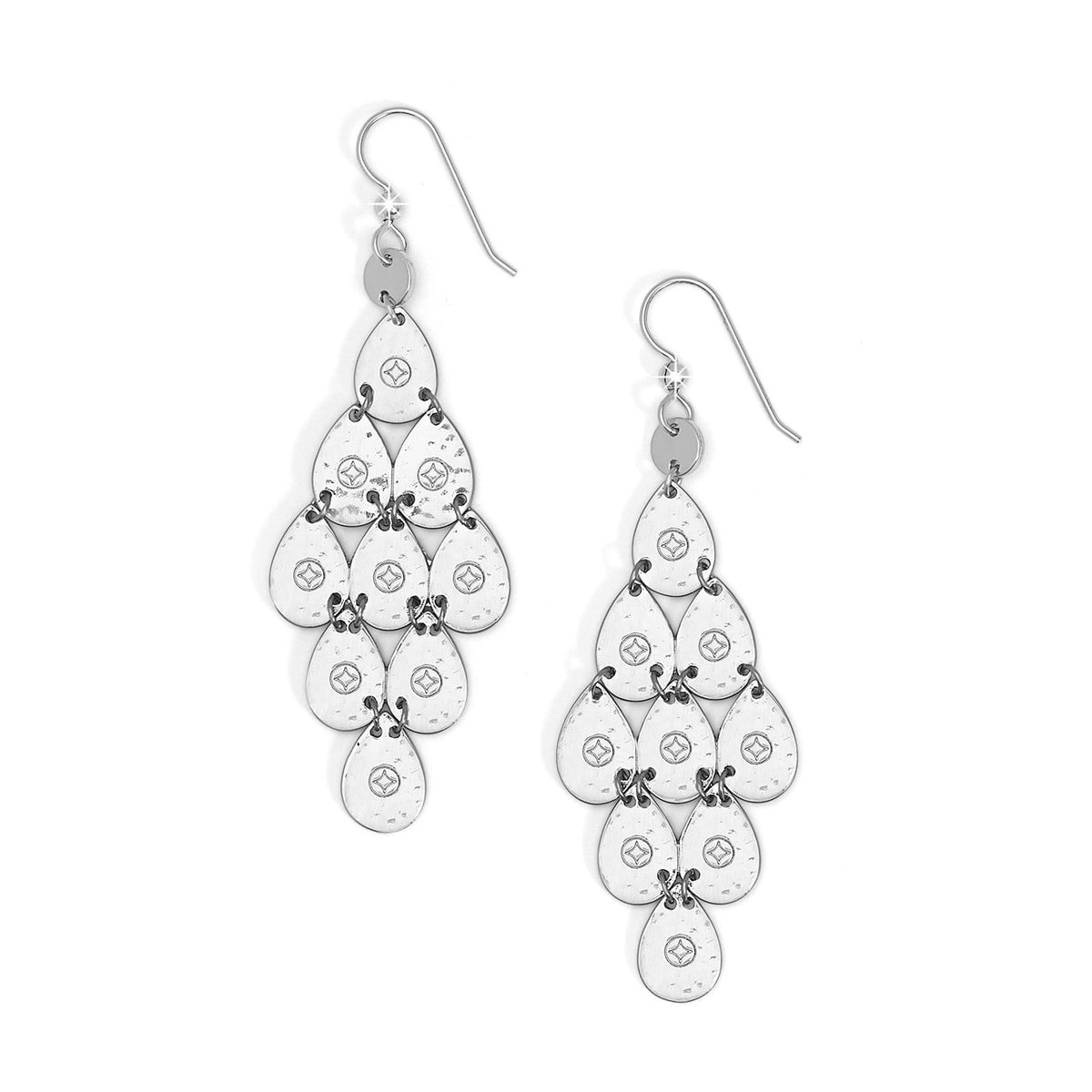 Silver plated French wire earrings featuring a teardrop-shaped drop with a width of one inch and length of two and half inches.