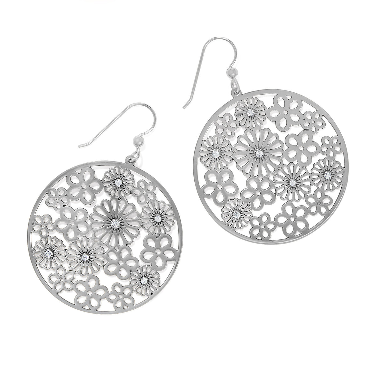 Silver brushed crystal French wire earrings with a disc flower shape.