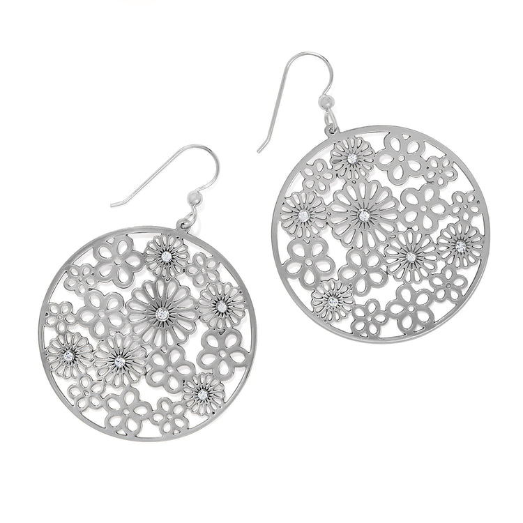 Silver brushed crystal French wire earrings with a disc flower shape.