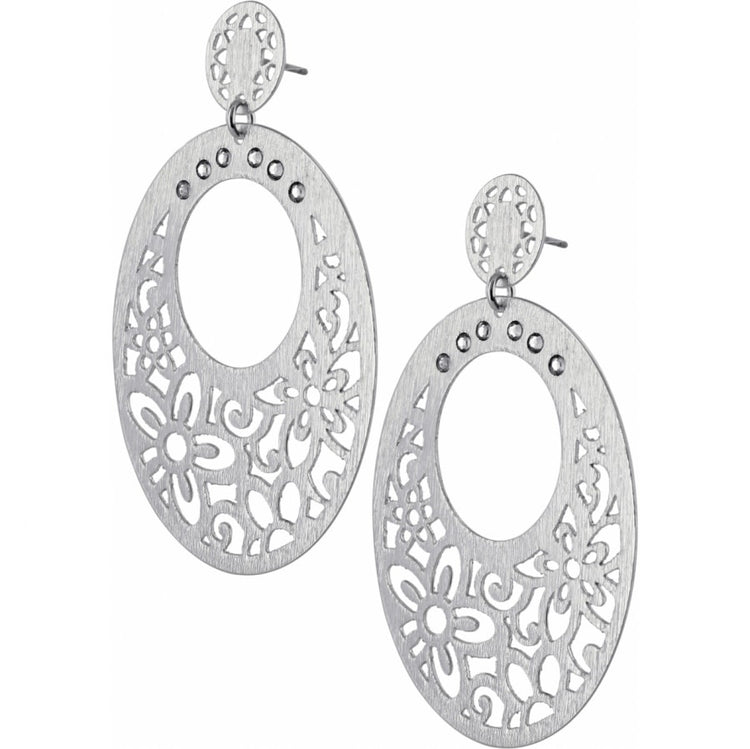 Silver post drop earrings featuring a flat disc back with brushed finish and fine-quality crystal accents.