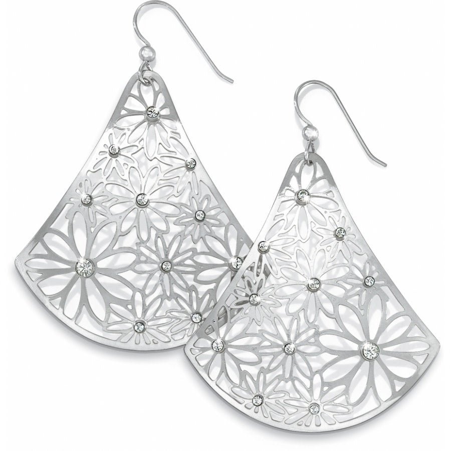 Silver plated French wire earrings featuring laser-cut flower patterns with fine-quality crystal accents.