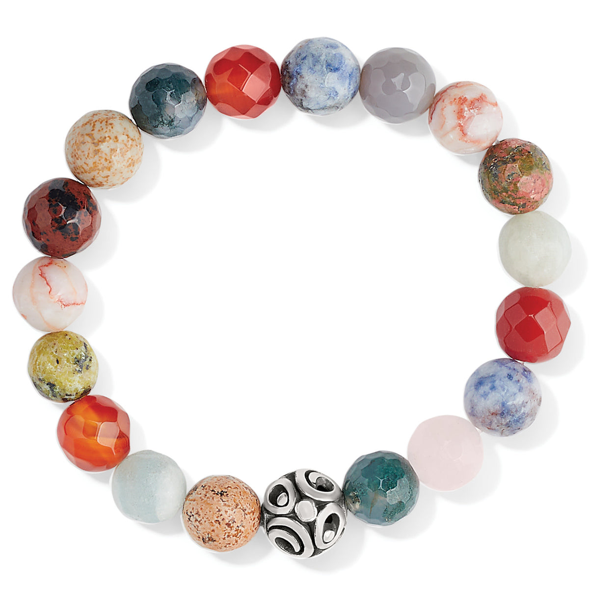 Stretch bracelet with silver-plated finish featuring yellow turquoise jasper, red aventurine, and rose quartz gemstones.