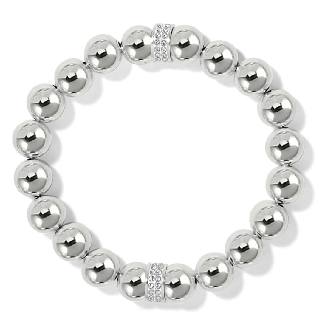 Silver stretch bracelet featuring bold beads, two meridian stations, and hand-set pave crystals.