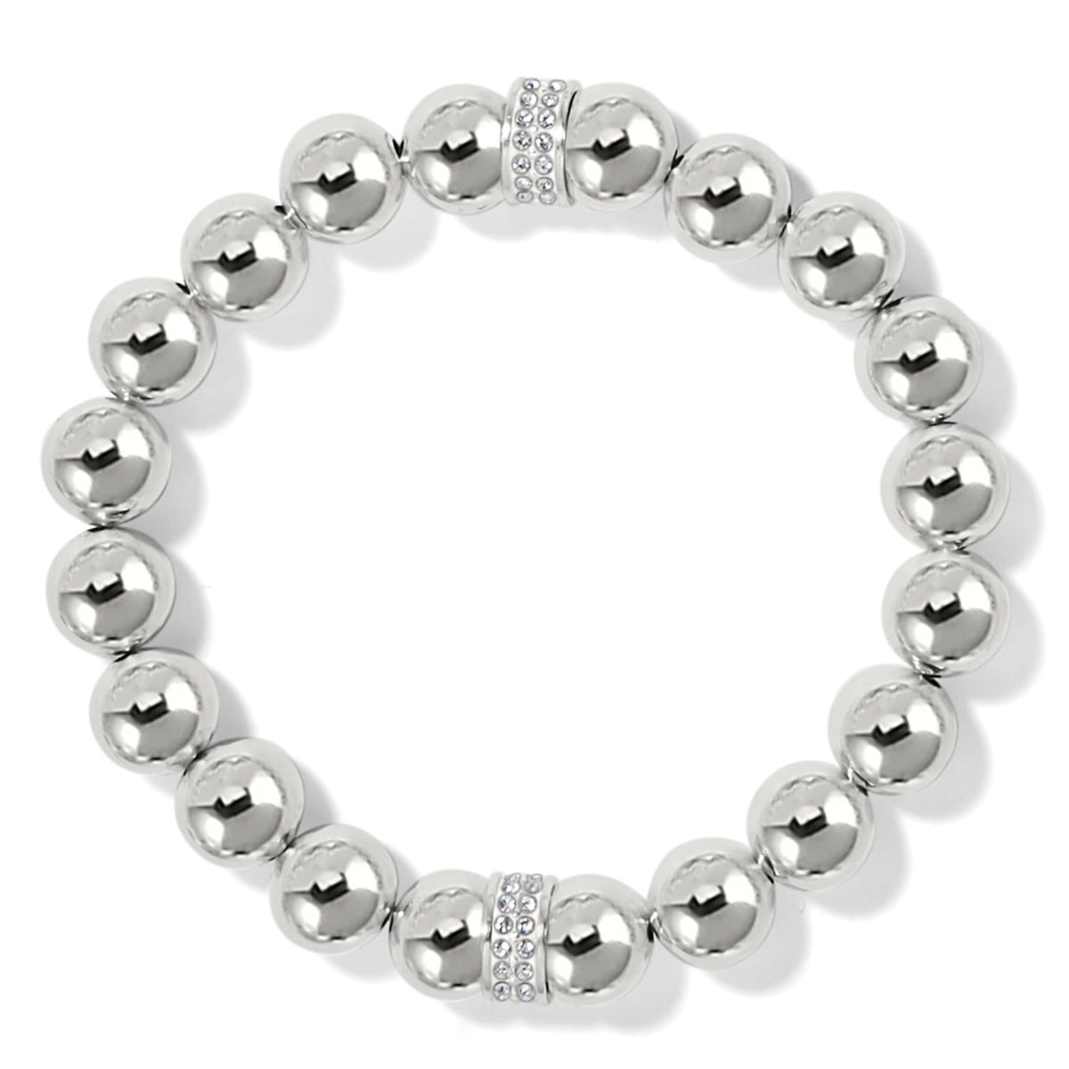 Silver stretch bracelet featuring bold beads, two meridian stations, and hand-set pave crystals.