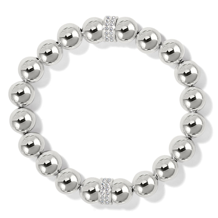 Silver stretch bracelet featuring bold beads, two meridian stations, and hand-set pave crystals.