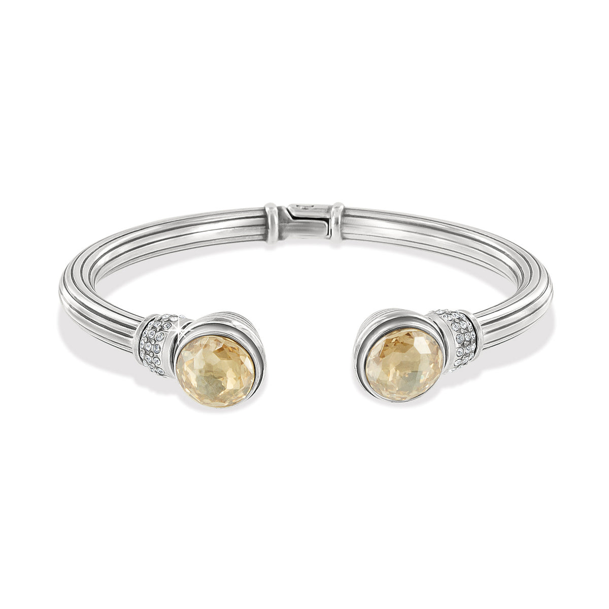 Silver-plated hinged bangle with golden accents featuring fine quality crystals