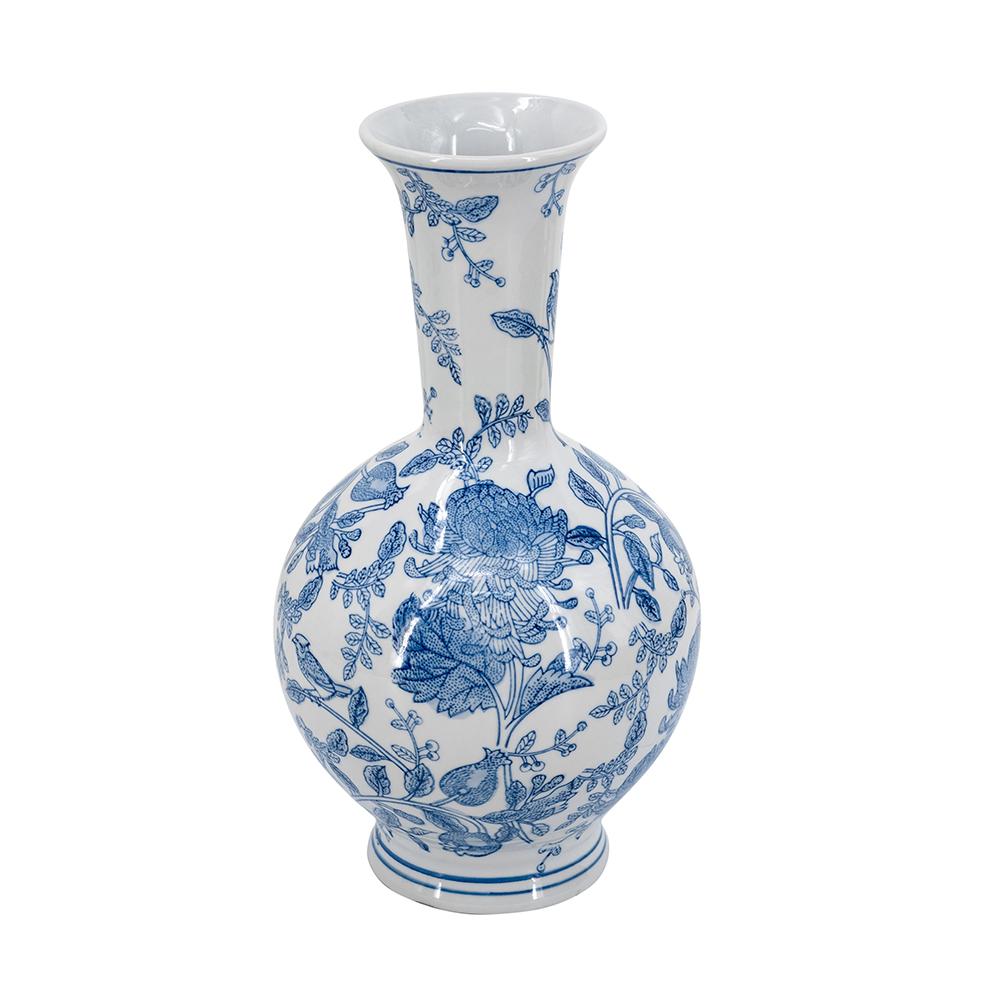 Round porcelain vase with white body featuring blue floral patterns.