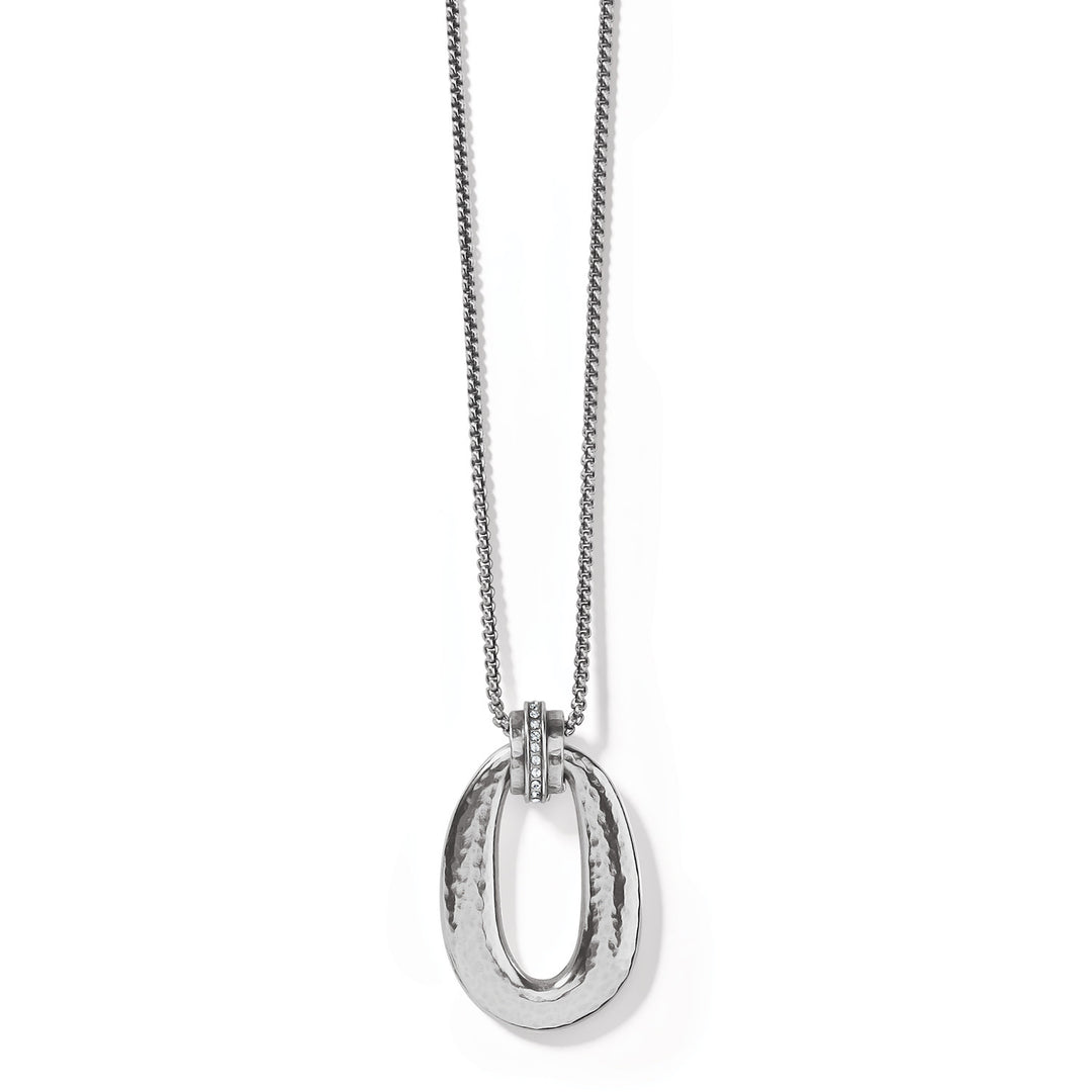 Silver plated adjustable pendant necklace with cool sculptural hammered links and fine quality crystal.