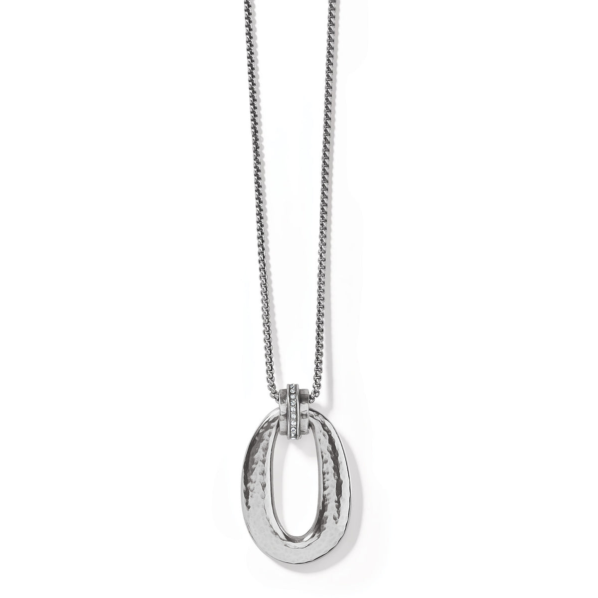 Silver plated adjustable pendant necklace with cool sculptural hammered links and fine quality crystal.
